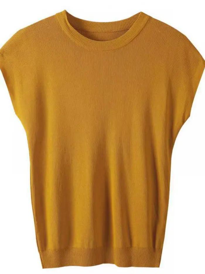 Pull-over tricoté décontracté à manches courtes et col rond pour femme