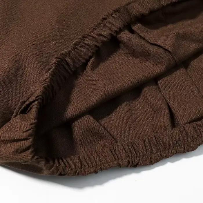 Chemisier CharmChant pour femme en mélange de lin marron, style Y2K, manches courtes, ourlet élastique, coupe courte, boutonné, décontracté, pour le bureau et les soirées estivales
