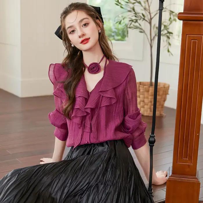 Blouse élégante française pour femme LOUIS YAO, collection automne 2026, avec décoration florale détachable, en lyocell, à volants, chemise pour femme