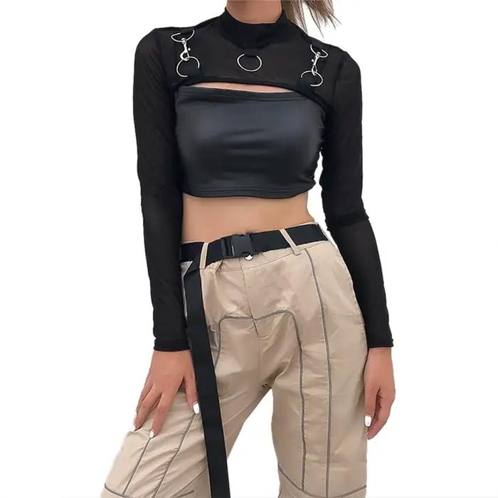 Lamuusaa y2k haut court femmes vêtements gothiques voir à travers col