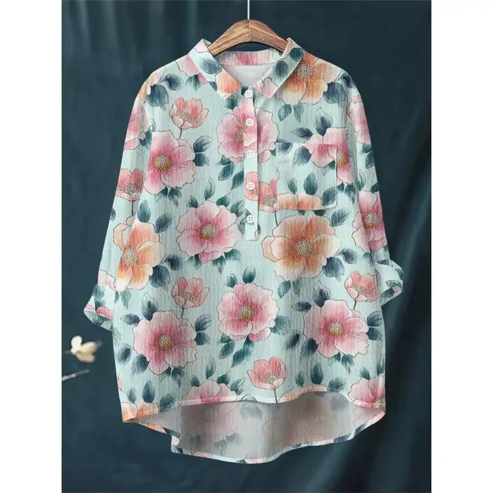 Chemisier Hibiscus Tropical Vintage Floral décontracté chemise pour femme ample à manches longues demi-bouton confortable bulle crêpe matériel haut