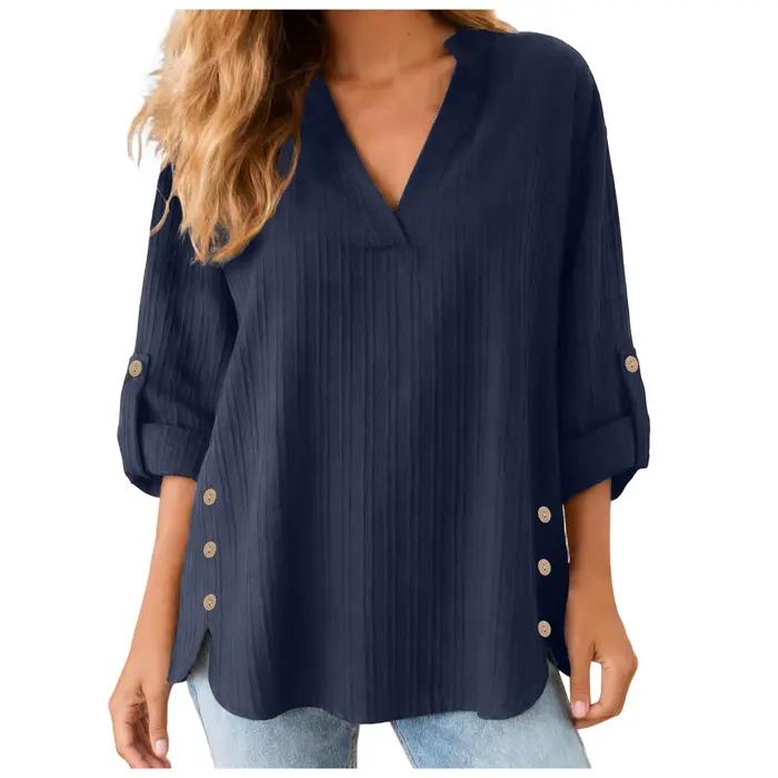 Chemisier en polyester surdimensionné pour femmes avec manches longues et col en V pour occasions spéciales et décontractées ```