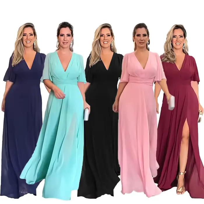Robe tunique élégante à col en V long avec fente et manches cloche en mousseline de soie pour femme occasions spéciales soirée décontractée événement formel