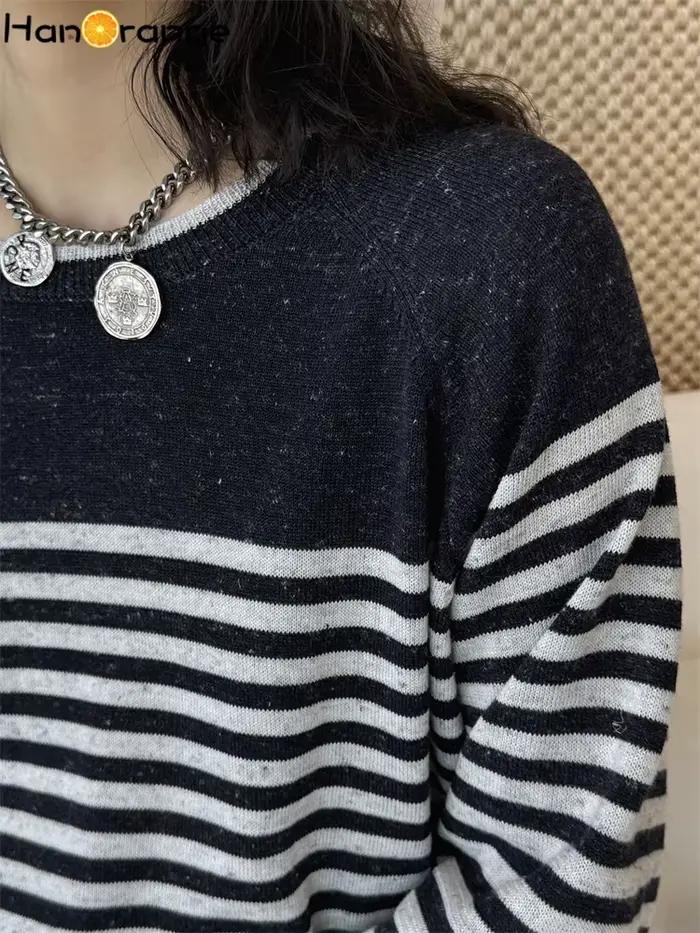 Pull en laine tricoté à rayures fines rétro HanOrange Printemps/Été 2026 pour femme