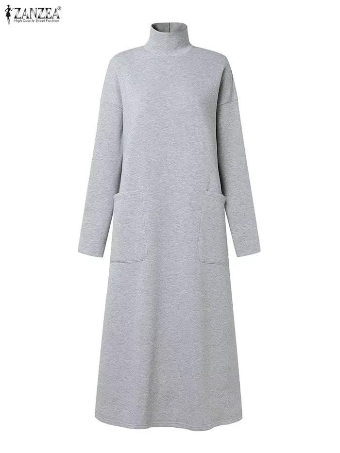 Robe ZANZEA col roulé à manches longues polyester solide pour femmes automne hiver confortable style mode et décontracté occasions spéciales