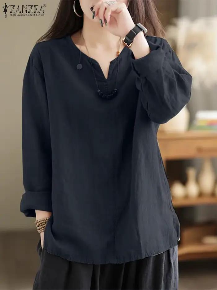 Blouse coton ZANZEA rétro solide col en V ample femme printemps été bureau décontractée multicolore occassions spéciales