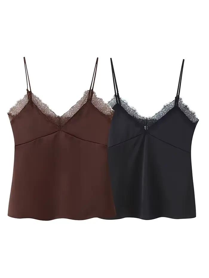HH femme 2025 noël nouvelle mode dentelle garniture fronde sans manches col en V Mini haut