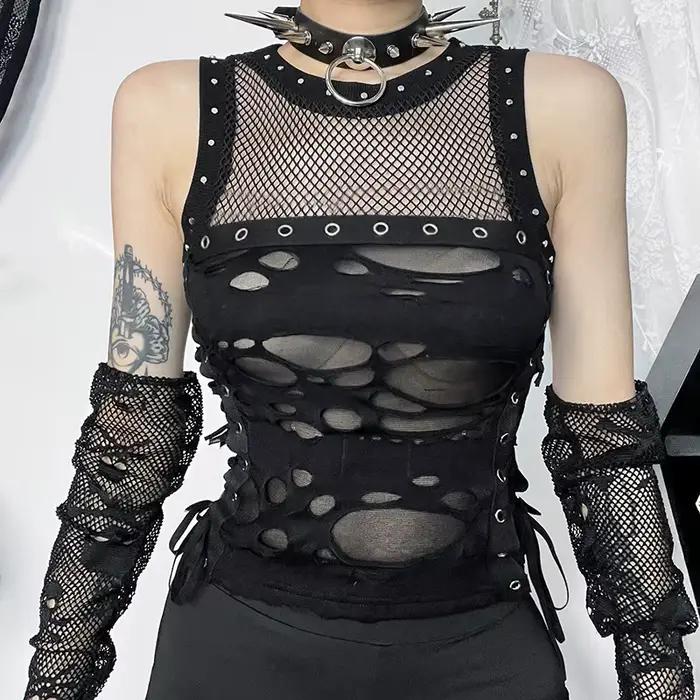 Goth Skull Fishnet Mall Crop Top pour femme