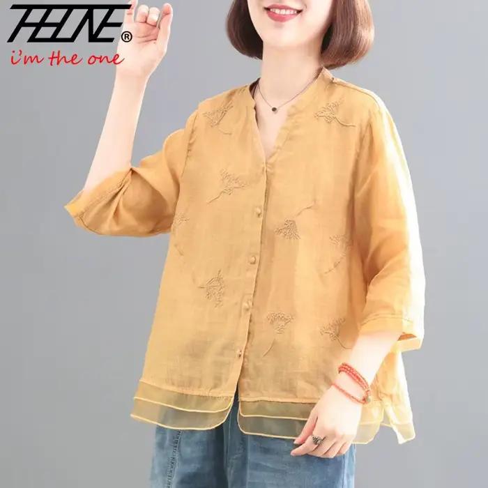 Chemisier Vintage en Coton et Lin pour Femme Décontracté avec Bouton Broderie Albesaine Solide Occasions Spéciales Printemps Ete