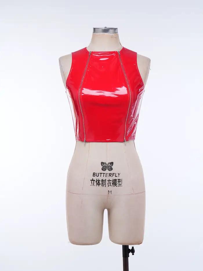 Débardeur Crop Top Femme en Similicuir PU Effet Mouillé avec Double Fermeture Éclair sur le Devant