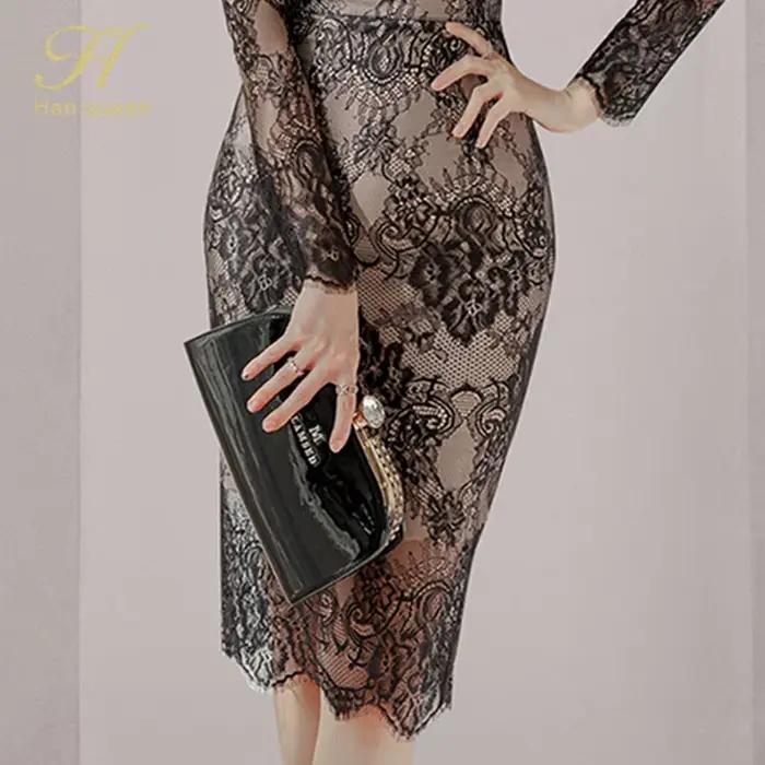 H Han Queen automne nouveau voir à travers dentelle robes mode coréenne Crochet fleurs robe crayon élégant Simple fête