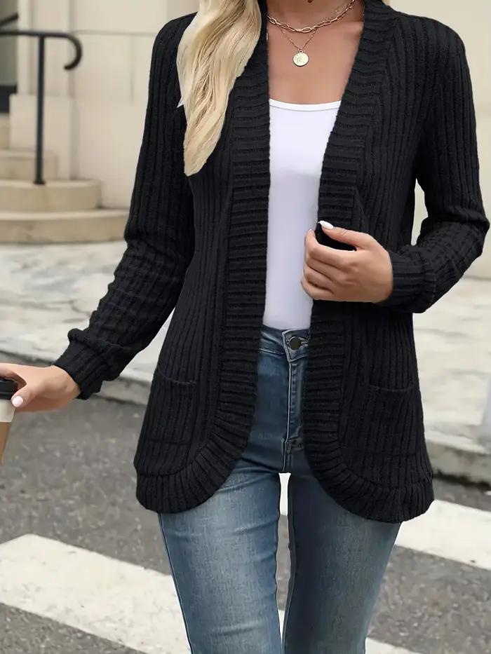 Cardigan tricot côtelé pour femme style décontracté couleurs unies printemps automne occassions variées poches pratique