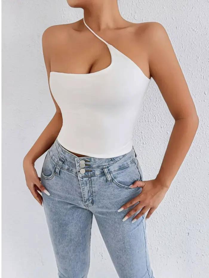 Haut court asymétrique blanc à une épaule pour femme