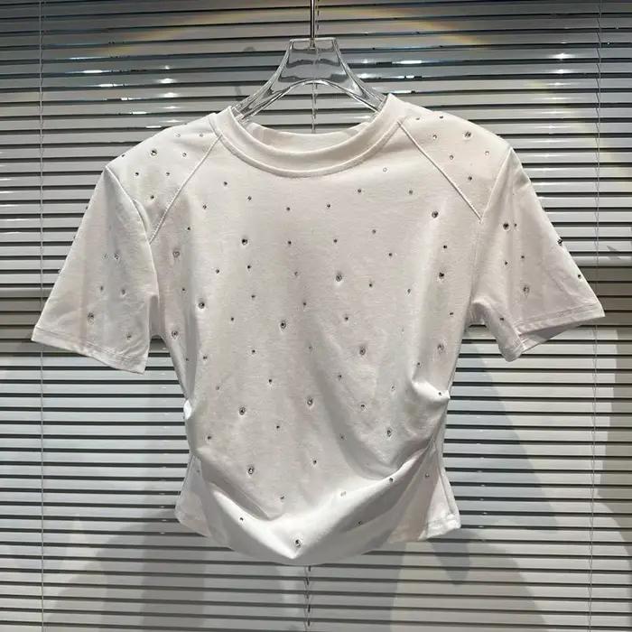 2025 été nouveau strass hotfix motif épaulette haut court T-shirt à manches courtes