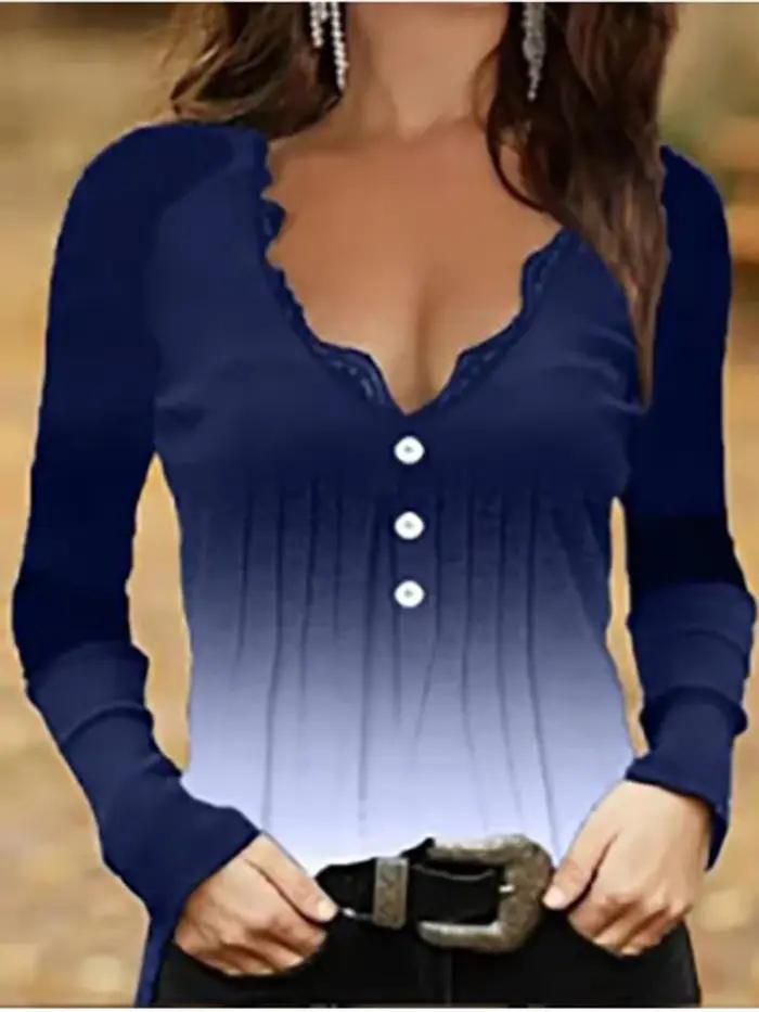Haut en dentelle noire à col en V pour femmes, haut décontracté avec manches longues pour automne et hiver