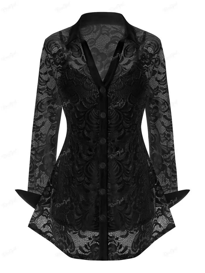 Ensemble T-shirt et débardeur en dentelle transparente à fleurs pour femme grande taille, décontracté, col en V, polyester et élasthanne, automne-hiver