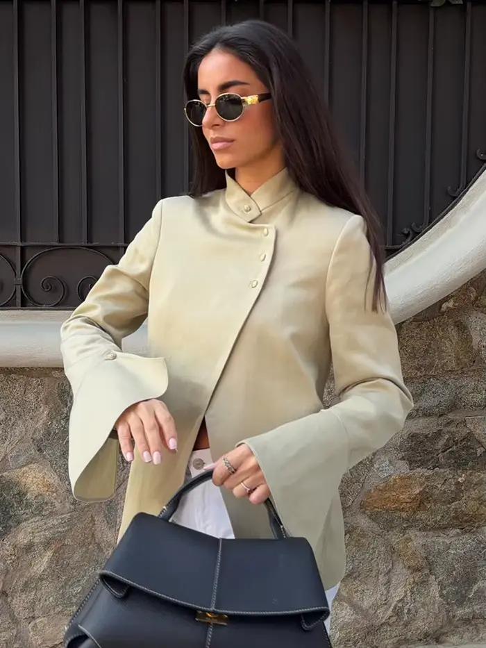 HH Veste Blazer Femme Élégante Décontractée Urbaine Unie Printemps Manches Longues Laminée Décorative Coupe Slim à Boutons