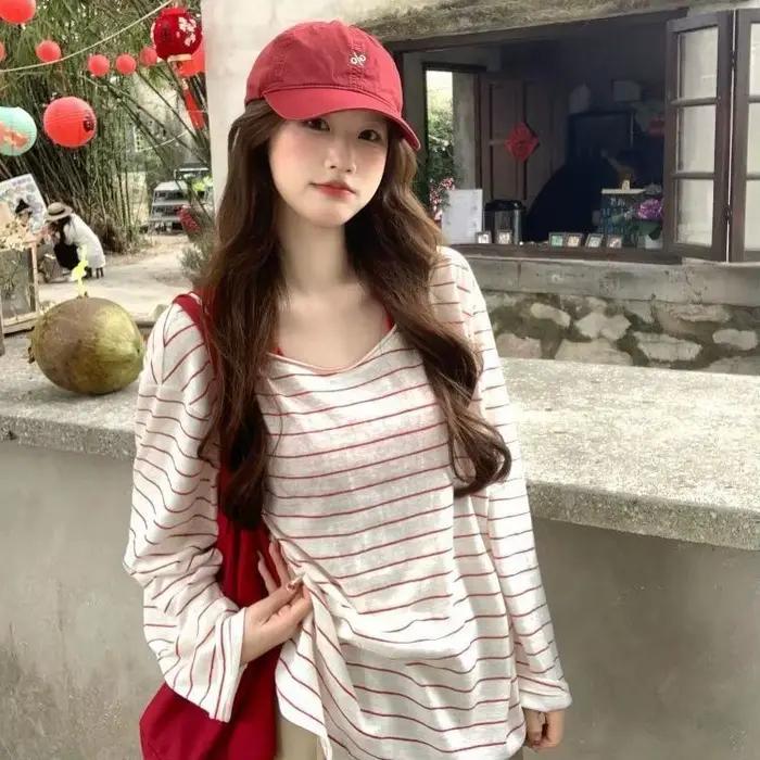 Chemisier T-shirt rayé rouge et blanc pour femme