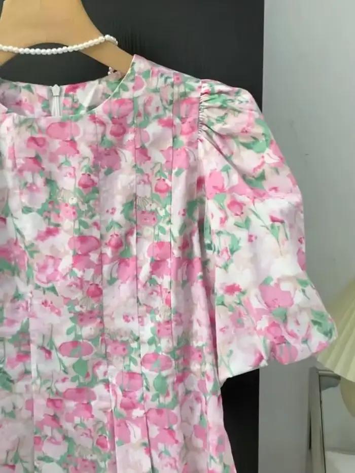 2026 Blouses Femme Tendance Col Rond Manches Courtes Amples Plissées à Motifs Floraux Rose Été Style Doux