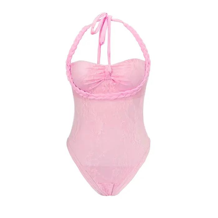 Maillot de bain une pièce patchwork blanc rose pour femmes, avant arc push-up, jupe intégrée, idéal pour les vacances et les occasions spéciales