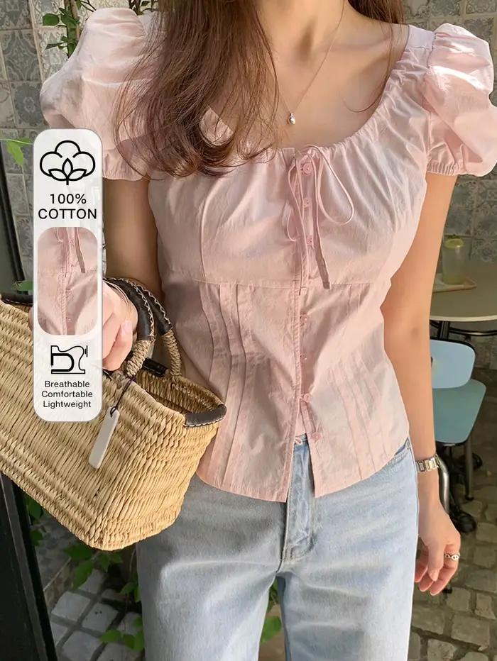 Chemisier rose à manches bouffantes style français pour femme