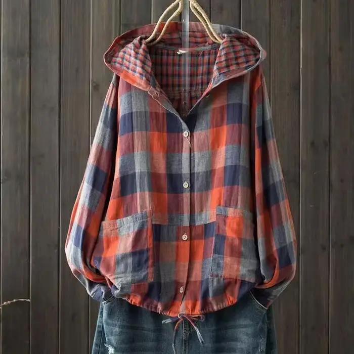 Chemise à carreaux femme grande taille style japonais décontracté pour automne printemps occassions spéciales haut à capuche confortable