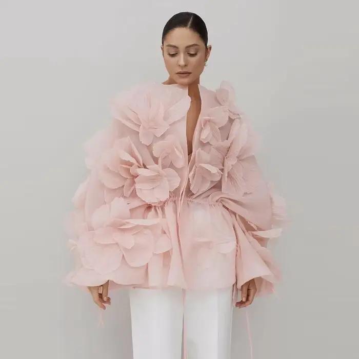 Chic rose longue veste florale drapée femmes Blouse Organza fleurs nouvelle mode chemise manches longues vestes