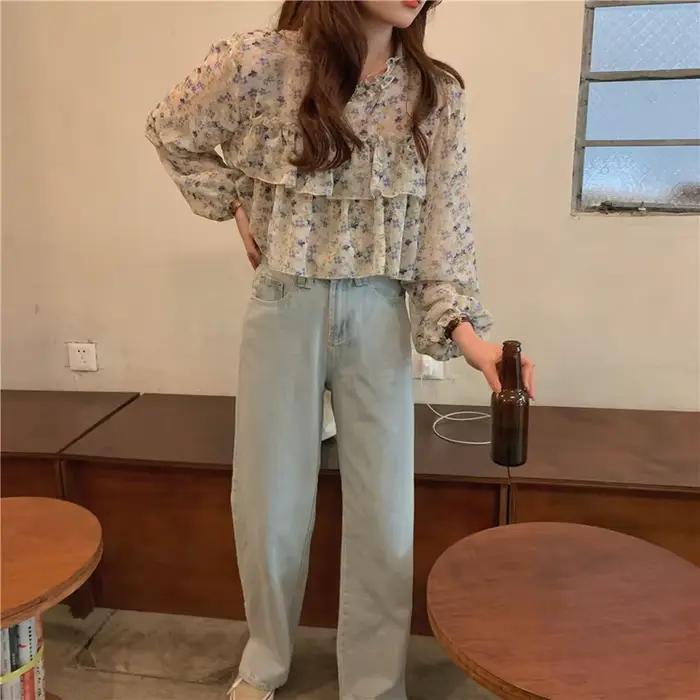 Chemisier à manches décontractées pour femme, patchwork floral, respirant, confortable, style coréen, printemps été ocasions spéciales