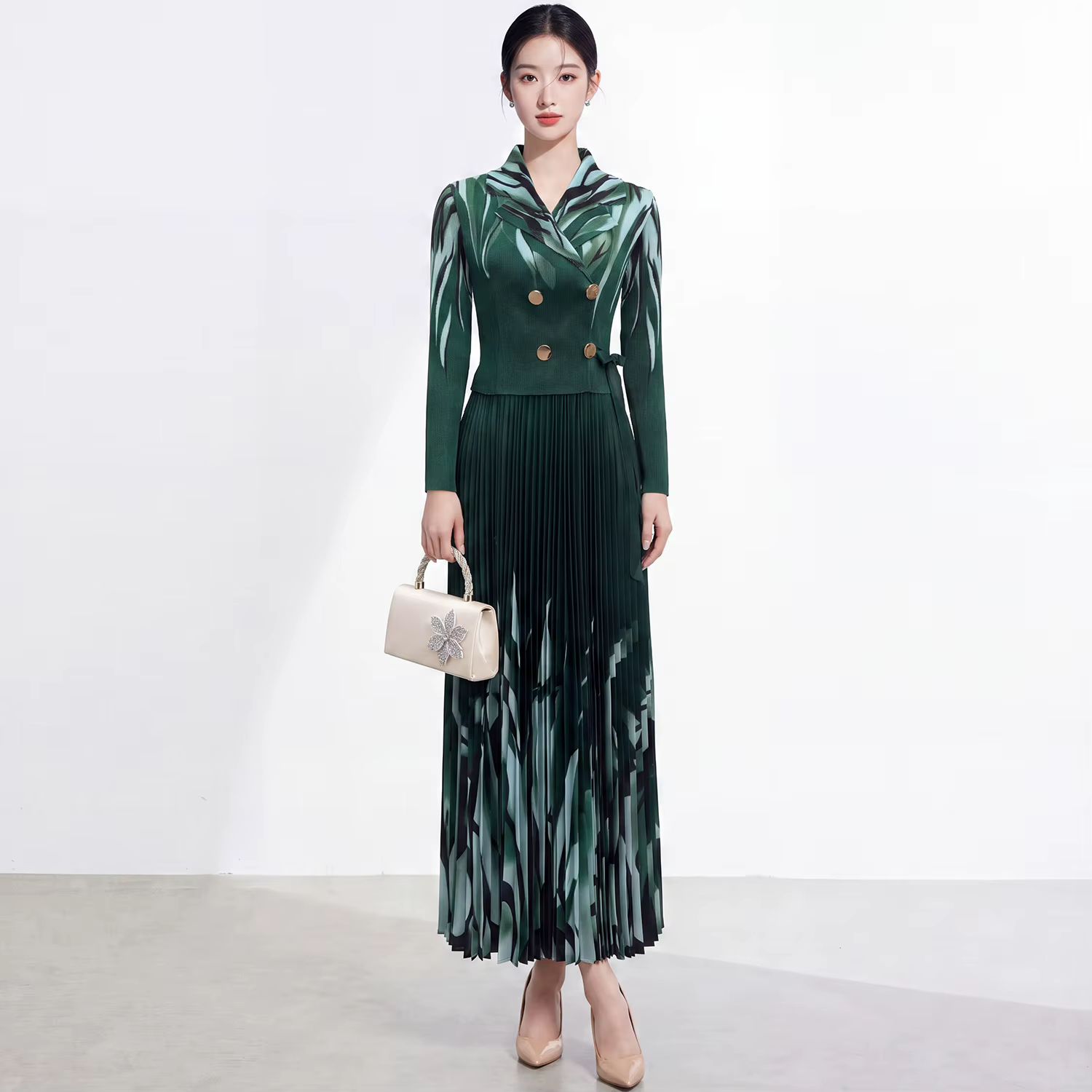 Vêtements pour femmes printemps/automne 2026, robe midi élégante Miyake avec jupe ample, col tailleu