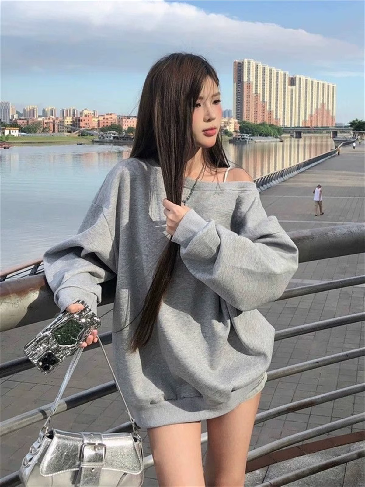 Sweat-shirt à épaules dénudées pour femme, ample, minimaliste, amincissant, tempérament paresseux, u