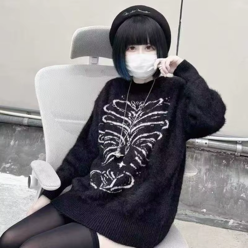 Pull en maille noir vintage pour femme, style streetwear, pull oversize léger, haut décontracté auto