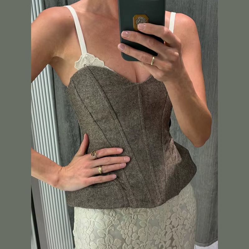 Top Corset Chic à Imprimé Floral, Bretelles Fines, Col en U, Taille Structurée, Ourlet Pointu, Style