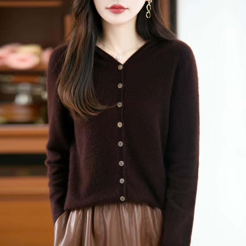 Nouveau Cardigan Femme 100% Laine Mérinos à Capuche Tricoté Couleur Unie Automne Hiver Simple Bouton