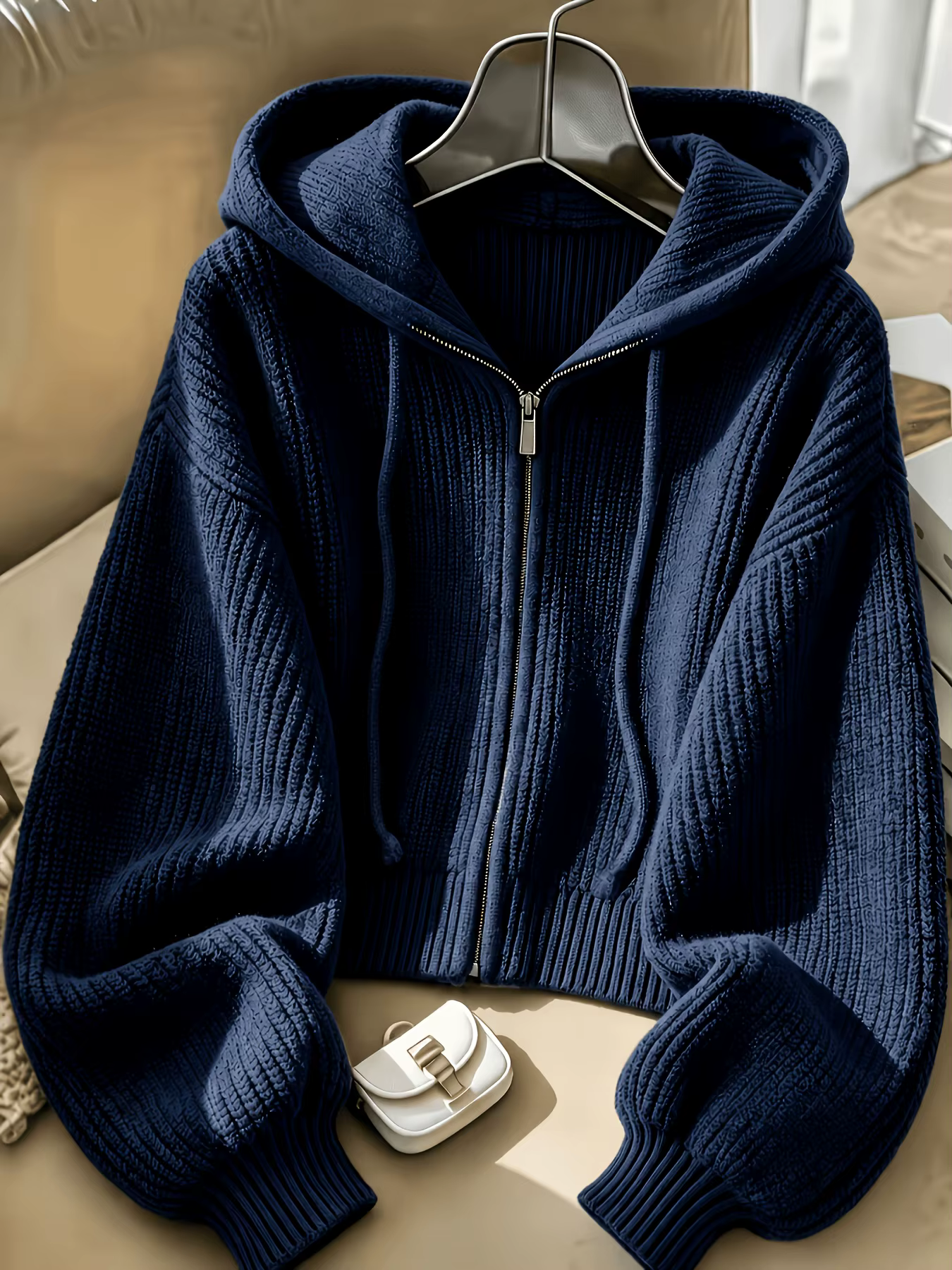 Pull en maille à capuche zippé pour femme, nouvelle collection automne-hiver 2026, coupe ample décon