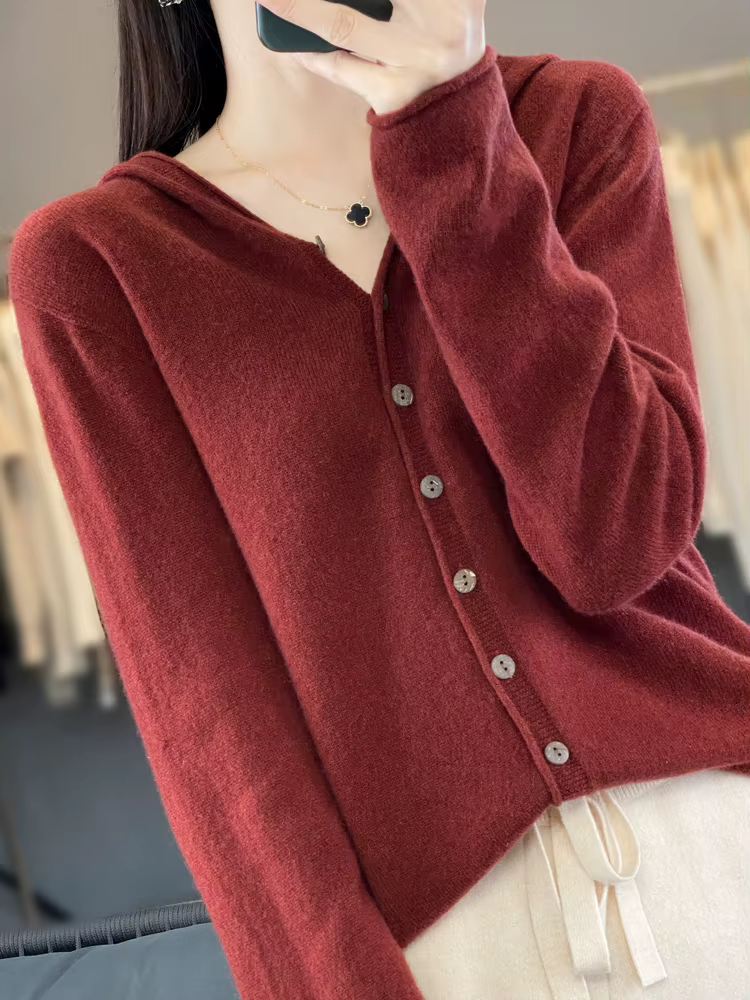 Nouveau Cardigan Femme 100% Laine Mérinos à Capuche Tricoté Couleur Unie Automne Hiver Simple Boutonnage Vêtement Doux pour la Peau