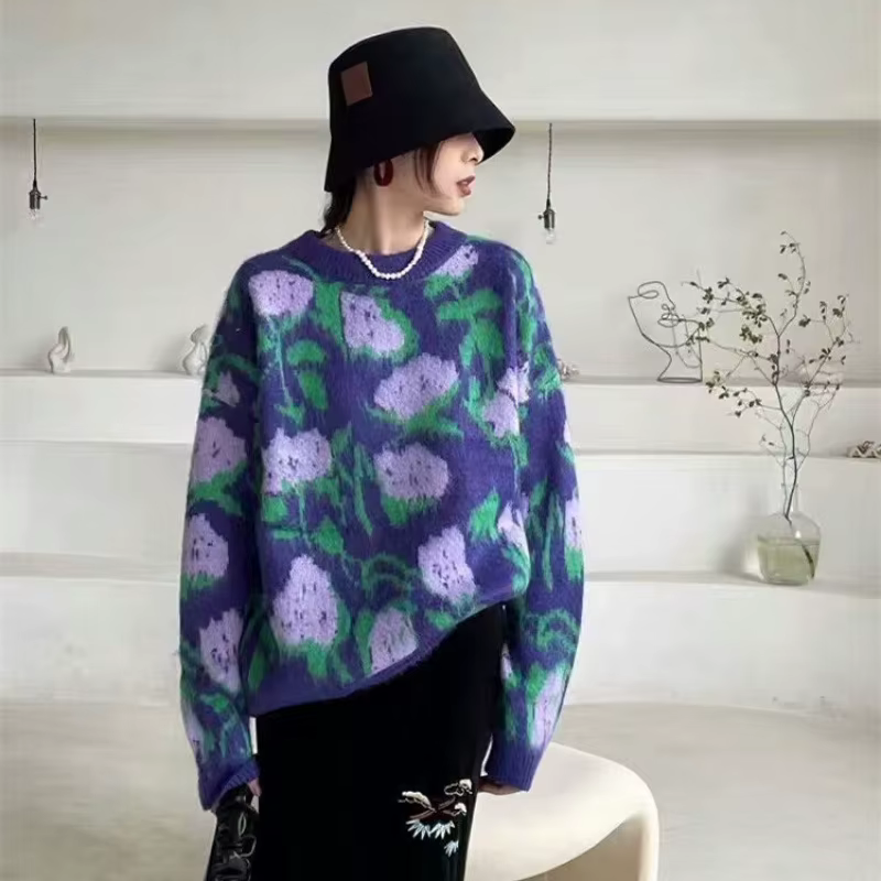 Pull d'extérieur ample pour femme, automne et hiver, Rose violette, rétro, col rond, paresseux, tricoté, nouvelle collection 2025