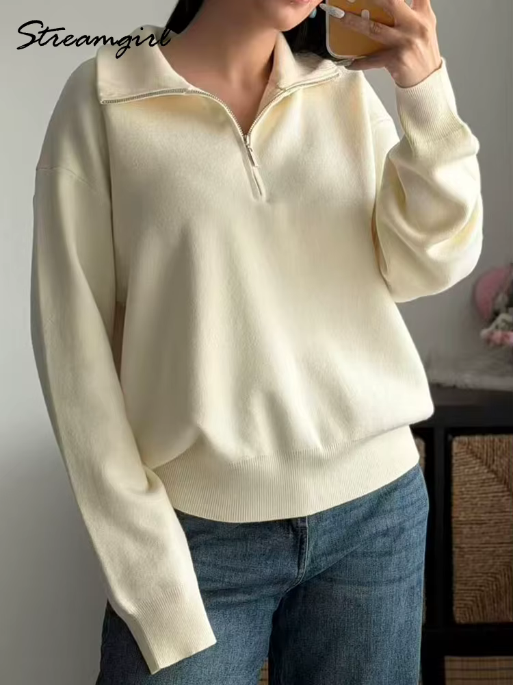 Pull-over zippé d'hiver pour femme, chaud, oversize, col roulé, pulls d'automne en maille marron, pulls rouges zippés pour femme, épais