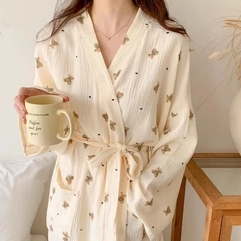 Femmes Robe de bain dessin animé mignon ours imprimé peignoir chemise de nuit Cardigan à manches longues chemise de nuit grande taille vêtements de détente chemise de nuit Ro
