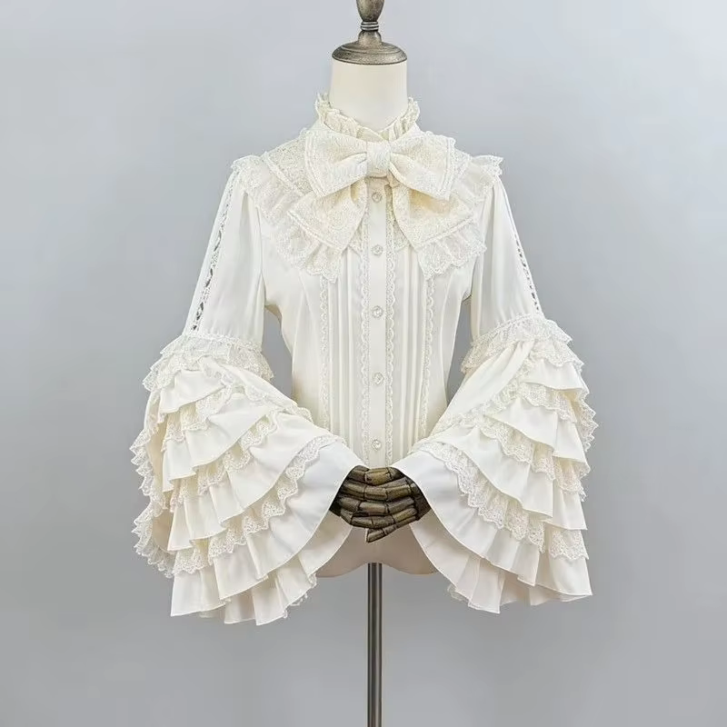 Blouses Vintage Style Lolita 2026 Blusas Mujer De Moda Chemises Japonaises à Nœud Col Montant Manches Évasées Tunique Blouse Gothique Douce