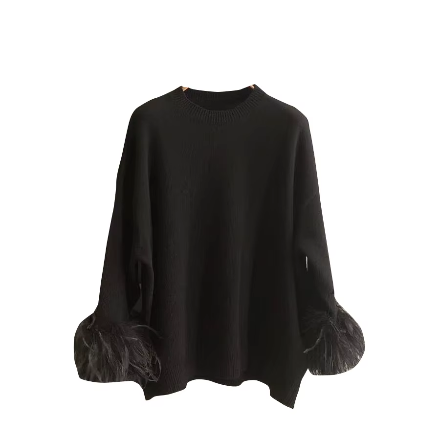 Pull noir en plumes d'autruche pour femme, manches longues, col rond, tricoté, doux, haut d'automne