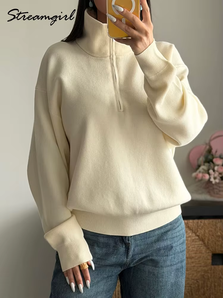 Pull-over zippé d'hiver pour femme, chaud, oversize, col roulé, pulls d'automne en maille marron, pulls rouges zippés pour femme, épais