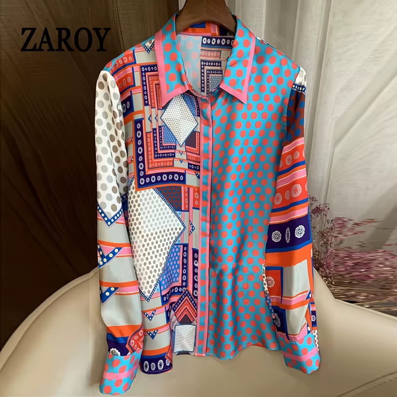 ZAROY mode piste chemise haut pour femme Patchwork point imprimé mince Blouse à manches longues revers BUtton-up élégant OL chemise rue Blusas