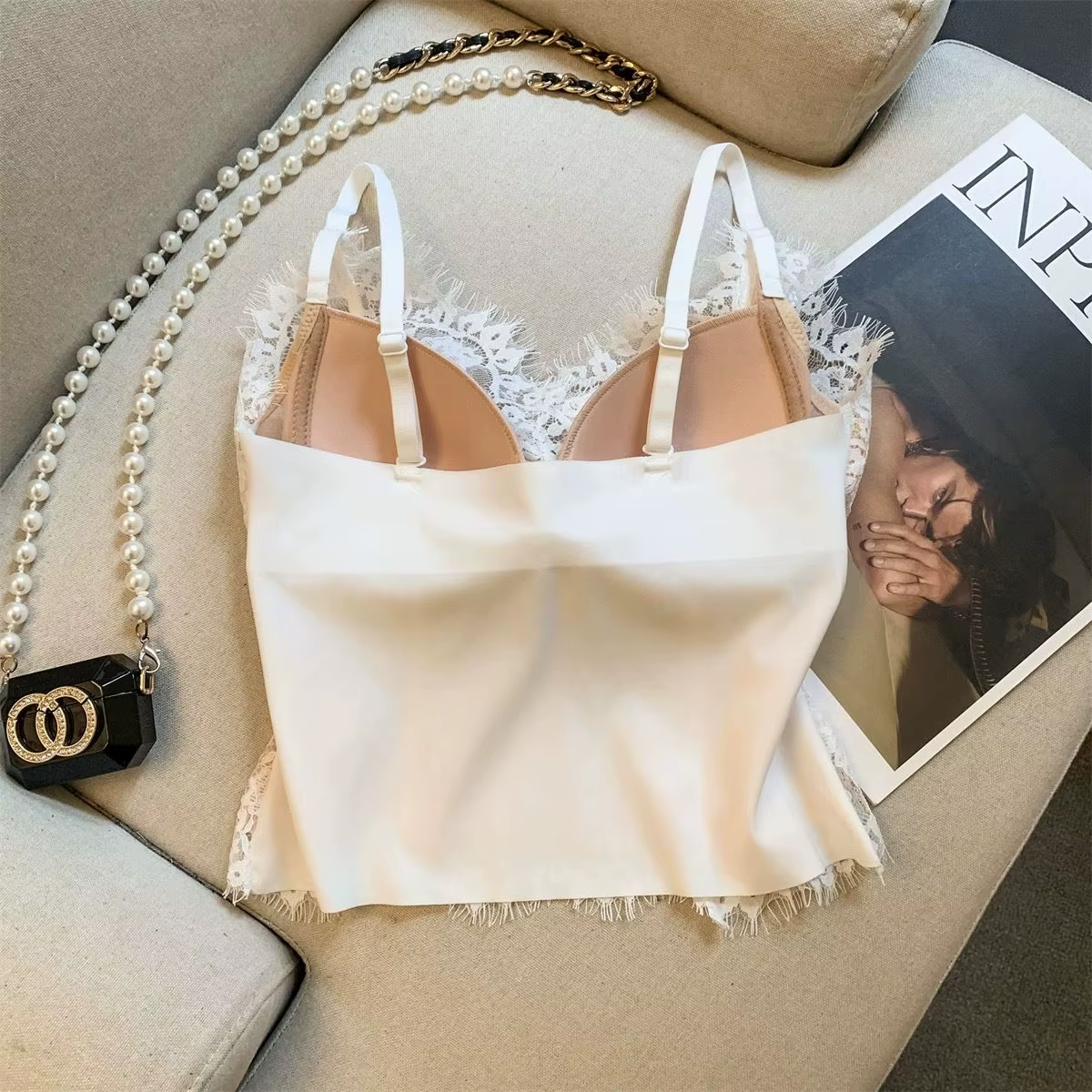 Chemisier Femme Style Français en Dentelle, Décolleté Plongeant Sexy, Dos Nu, Bretelles Fines, Bonnets Fixes et Froncés