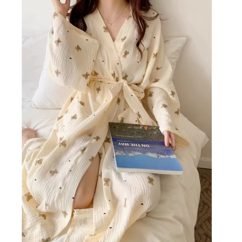Femmes Robe de bain dessin animé mignon ours imprimé peignoir chemise de nuit Cardigan à manches longues chemise de nuit grande taille vêtements de détente chemise de nuit Ro