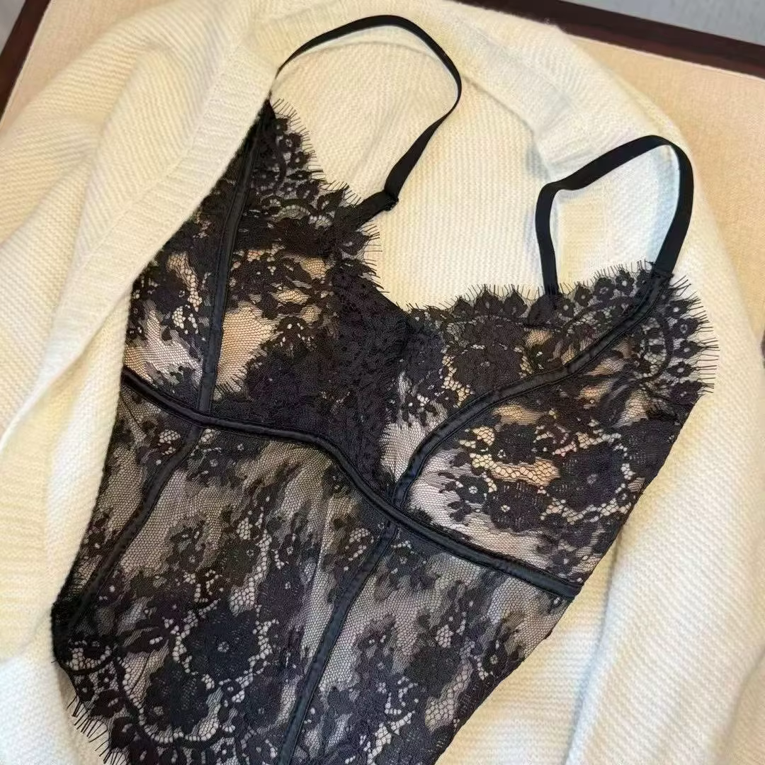 Chemisier Femme Style Français en Dentelle, Décolleté Plongeant Sexy, Dos Nu, Bretelles Fines, Bonnets Fixes et Froncés