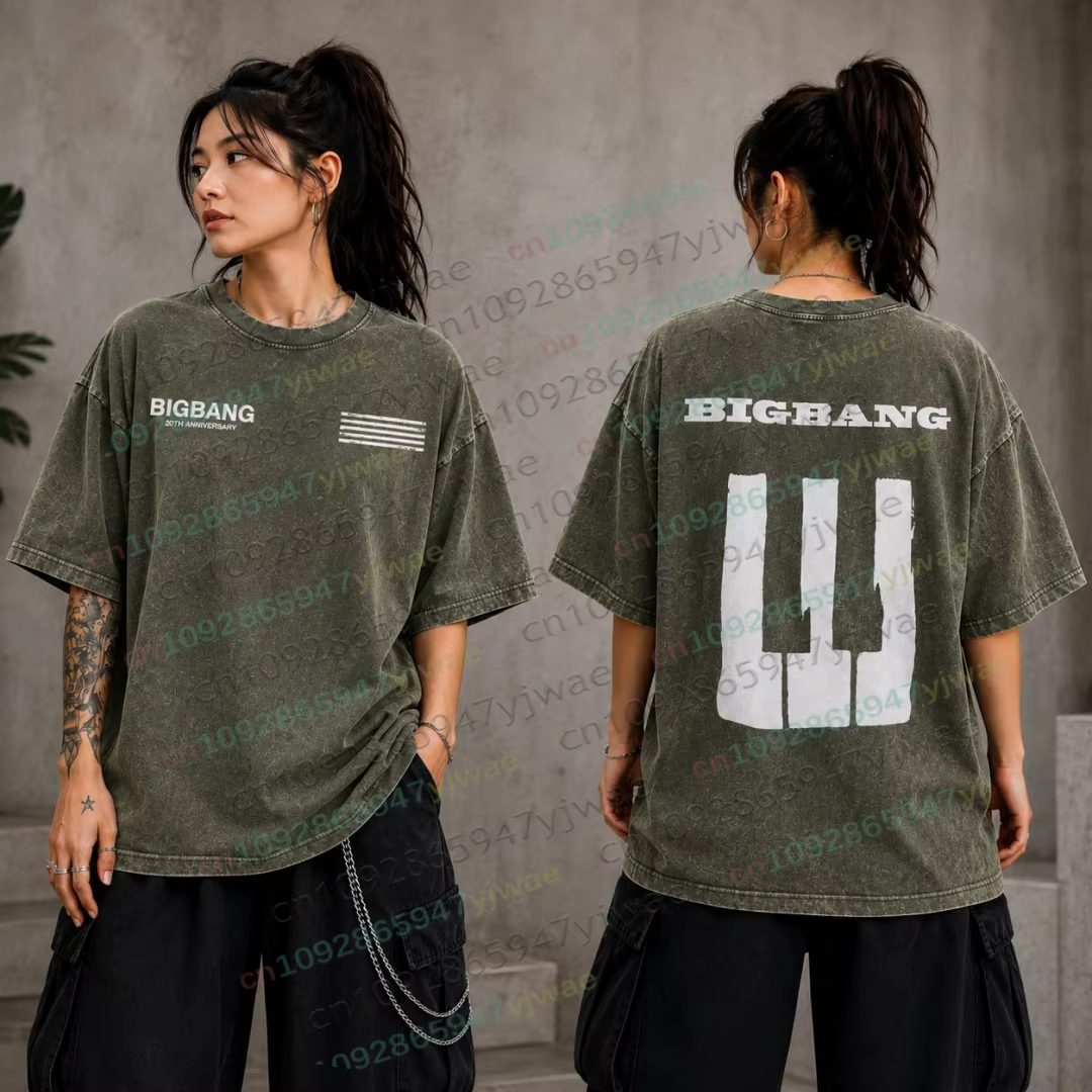 T-shirt en coton délavé vintage BIGBANG 20e anniversaire, t-shirt de concert Kpop, cadeau unisexe pour les fans, streetwear G-Dragon, hauts de plage pour femmes et hommes
