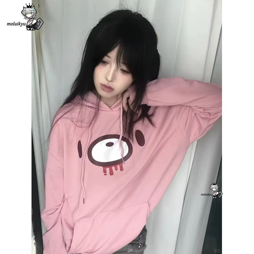 Sweat-shirt à capuche pour femme, motif Ours triste de dessin animé, style Y2K Gothique Harajuku, coupe oversize, à manches longues avec poches, streetwear décontracté