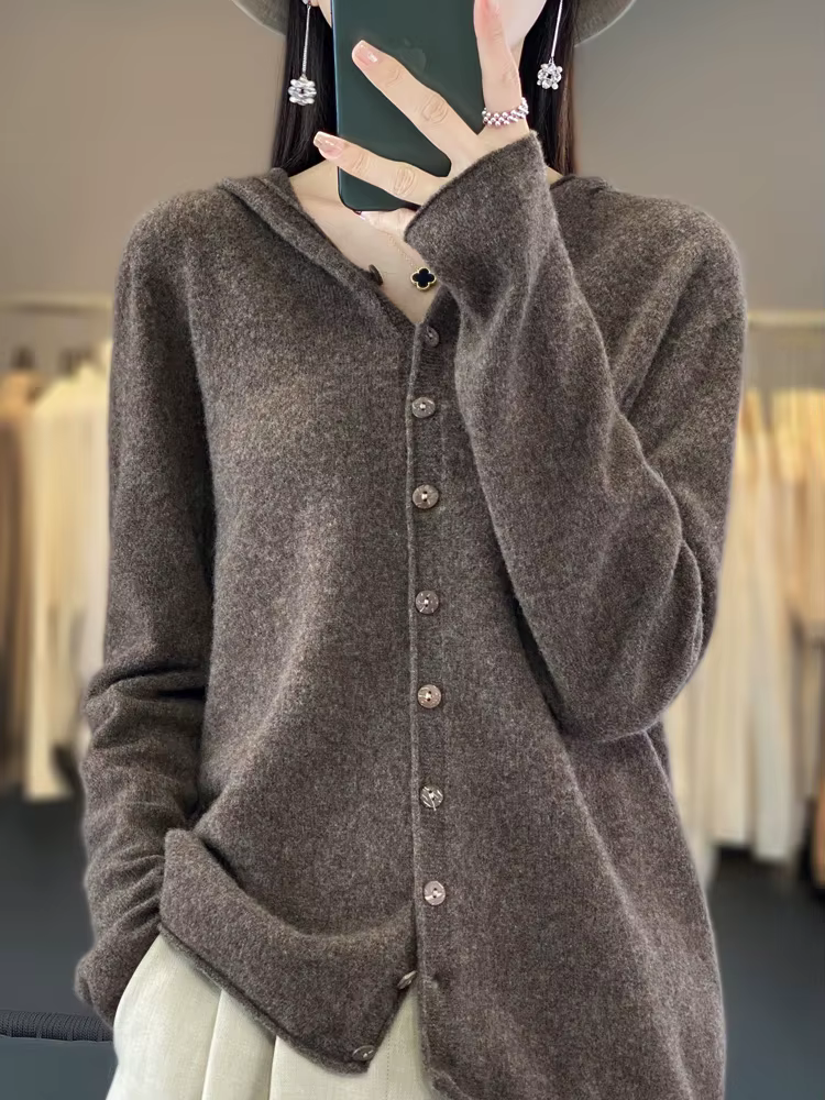 Nouveau Cardigan Femme 100% Laine Mérinos à Capuche Tricoté Couleur Unie Automne Hiver Simple Boutonnage Vêtement Doux pour la Peau