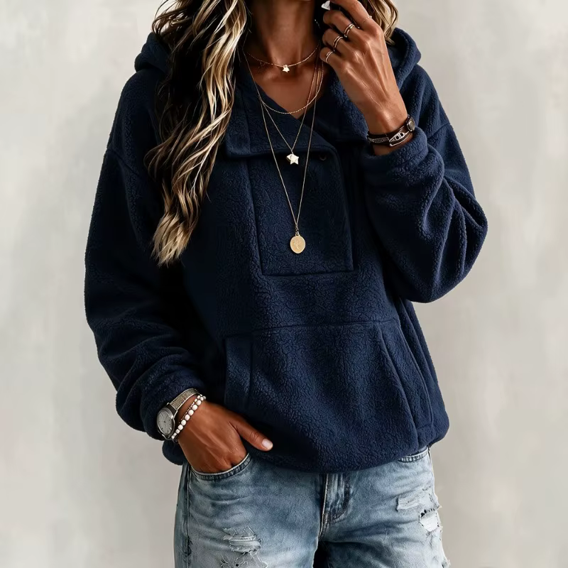 Sweat à capuche en polaire pour femme, pull uni à demi-boutons, manches longues, sweat chaud d'hiver