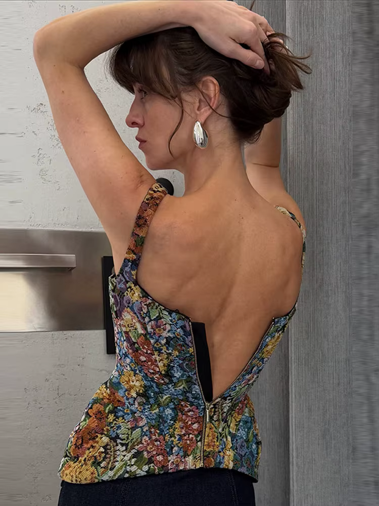 Top Corset Chic à Imprimé Floral, Bretelles Fines, Col en U, Taille Structurée, Ourlet Pointu, Style Vintage, Collection Printemps-Été 2026, Idéal pour les Vacances